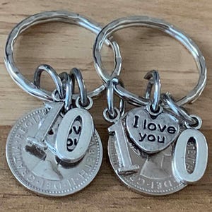 10th Wedding Anniversary Gift Lucky Sixpence Keyring Set With Or Without I Love You Charms Gift For Her Him