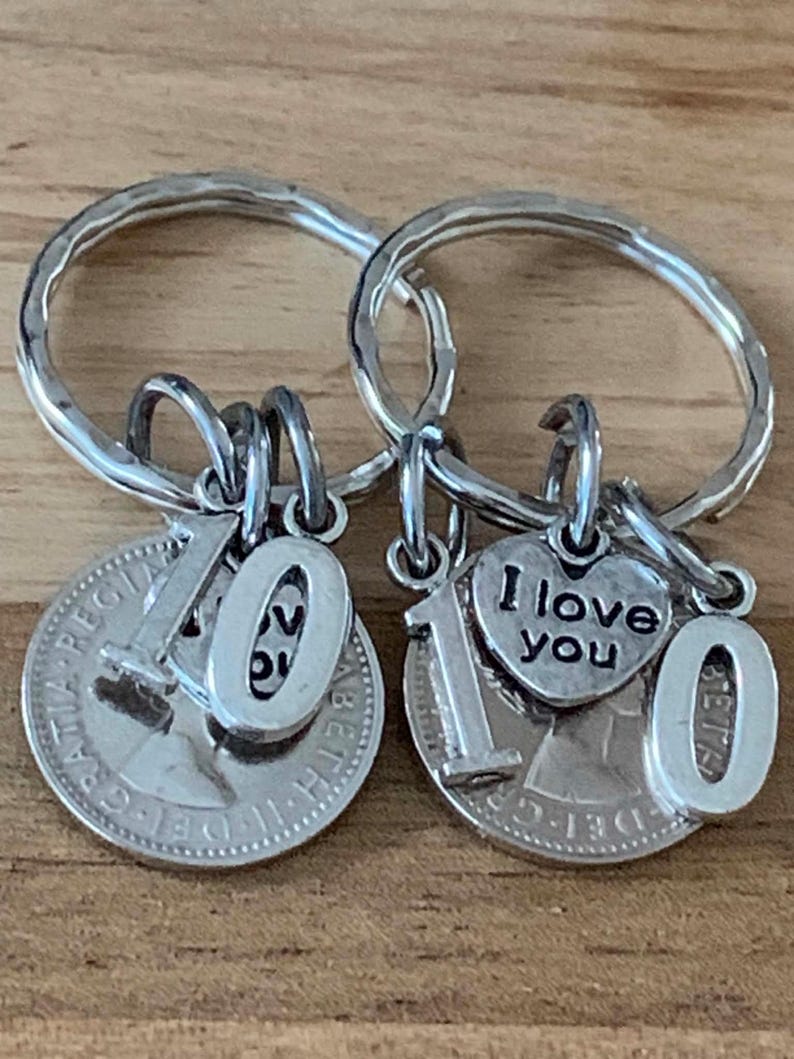 10th Wedding Anniversary Gift Lucky Sixpence Keyring Set With Or Without I Love You Charms Gift For Her Him