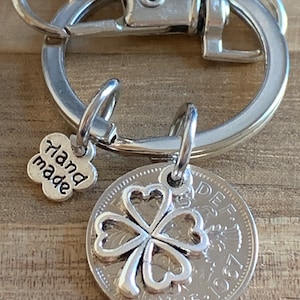 58th Birthday polished 1967 Lucky Sixpence & Four Leaf Clover Charm keyring  Birthday Or Anniversary Gift For Him In Gift Bag