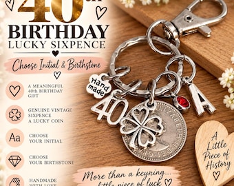 40th Birthday Keyring: Lucky Sixpence Coin,Choose Initial and Birthstone Charm Keyring Gift For Her
