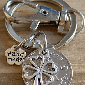 76th Birthday polished 1949 Lucky Sixpence & Four Leaf Clover Charm Keyring  Birthday Or Anniversary Gift For Him In Gift Bag