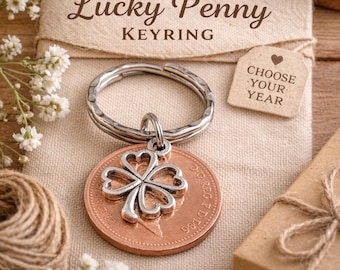 Lucky Penny Keyring, Four Leaf Clover Charm, Choose Birth Year Gift