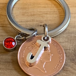 Birthday Gift - Anniversary Gift - Personalised 1993 lucky Penny Coin & Charms On Keyring In Gift Bag Choose Initial and Birthstone