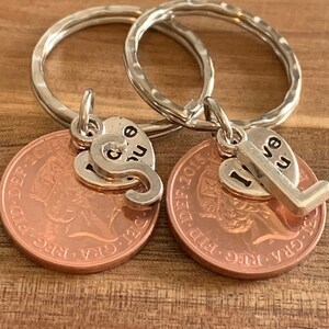 9th Anniversary gift (copper) For Couples  Personalised Polished 2015 coin Keyrings keepsake - anniversary gift In Gift Bag Choose Initials