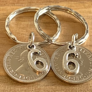 Pair Of 6th Wedding Anniversary Polished Sixpence Coins & Charms on  Keyrings In Gift Bag 2 Piece Gift Set