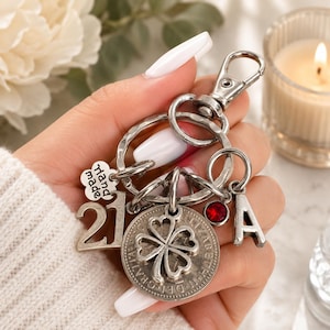 21st Birthday Birthstone Gift Lucky Silver Sixpence Coin and Charms Keyring In Gift Bag Choose Initial & Birthstone