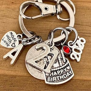 21st Birthday Personalised Gift Genuine Polished Lucky Sixpence Coin & Charms On Keyring In Gift Bag Choose Initial and Birthstone Gift Her