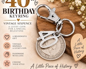 40th Milestone Birthday Gift Genuine Vintage Polished Lucky Sixpence &  40 Charm Bag Charm Keyring Gift For Him Or Her
