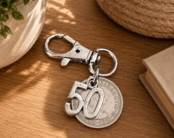 50th Milestone Birthday Gift Genuine Vintage Polished Lucky Sixpence &  50 Charm Bag Charm Keyring Gift For Him Or Her