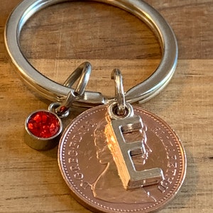 Birthday Gift - Anniversary Gift - Personalised 1981 lucky Penny Coin & Charms On Keyring In Gift Bag Choose Initial and Birthstone