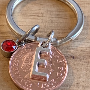 Birthday Gift - Anniversary Gift - Personalised 2007 lucky Penny Coin & Charms On Keyring In Gift Bag Choose Initial and Birthstone