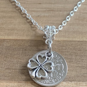 61st Birthday polished 1964 Lucky Sixpence & Four Leaf Clover Charm Necklace Birthday Or Anniversary Gift For Her In Gift Bag