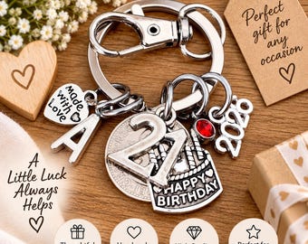 21st Birthday Personalised Gift Genuine Polished Lucky Sixpence Coin & Charms On Keyring In Gift Bag Choose Initial and Birthstone Gift Her
