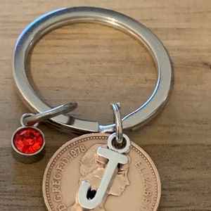Birthday Gift - Anniversary Gift - Personalised 1978 lucky Penny Coin & Charms On Keyring In Gift Bag Choose Initial and Birthstone