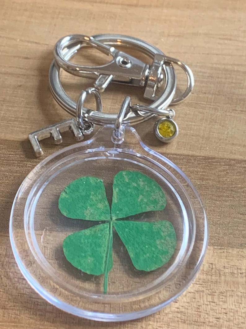 Real Four Leaf Clover & Personalised Birthstone With Intial on Keyring