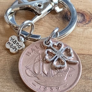 86th Birthday polished 1939 Lucky Coin & Four Leaf Clover Charm Keyring Keepsake Gift For Nan Grandad Mum Dad Auntie Uncle In Gift Bag