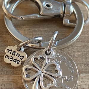 77th Birthday polished 1948 Lucky Sixpence & Four Leaf Clover Charm Keyring Birthday Or Anniversary Gift For Him In Gift Bag