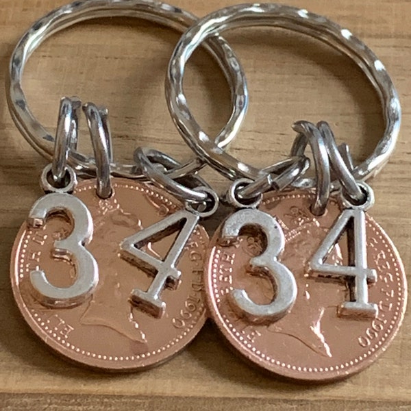 34th Wedding Anniversary Polished 1990 Coins And Charms on Keyring In Gift Bag Unique Gift For Husband Wife Boyfriend Girlfriend 2pcs set