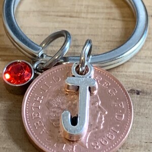 Birthday Gift - Anniversary Gift - Personalised 1998 lucky Penny Coin & Charms On Keyring In Gift Bag Choose Initial and Birthstone