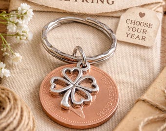Lucky Penny Keyring: Polished UK Coin, Silver Clover Charm, Birthday Keepsake