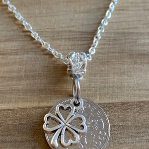 60th Birthday polished 1965 Lucky Sixpence & Four Leaf Clover Charm Necklace Birthday Or Anniversary Gift For Her In Gift Bag