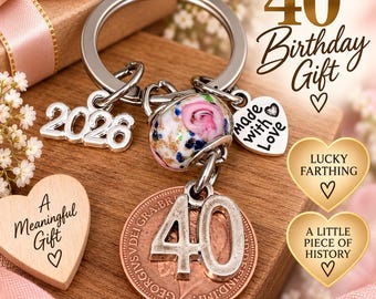 40th Birthday Polished Vintage Lucky Farthing Coin & Charms On Keyring In Gift Bag Gift For  Wife Sister Best Friend Niece