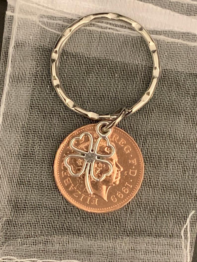 1999 Lucky Penny /& Four Leaf Clover Charm Keyring Birthday Gift For Him Or Her In Gift Bag
