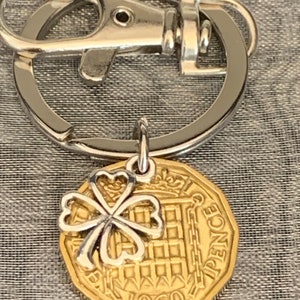 65th Birthday polished 1960 Lucky Coin & Four Leaf Clover Charm Keyring Birthday Or Anniversary Gift For Him or Her In Gift Bag