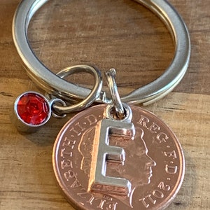 Birthday Gift - Anniversary Gift - Personalised 2011 lucky Penny Coin & Charms On Keyring In Gift Bag Choose Initial and Birthstone