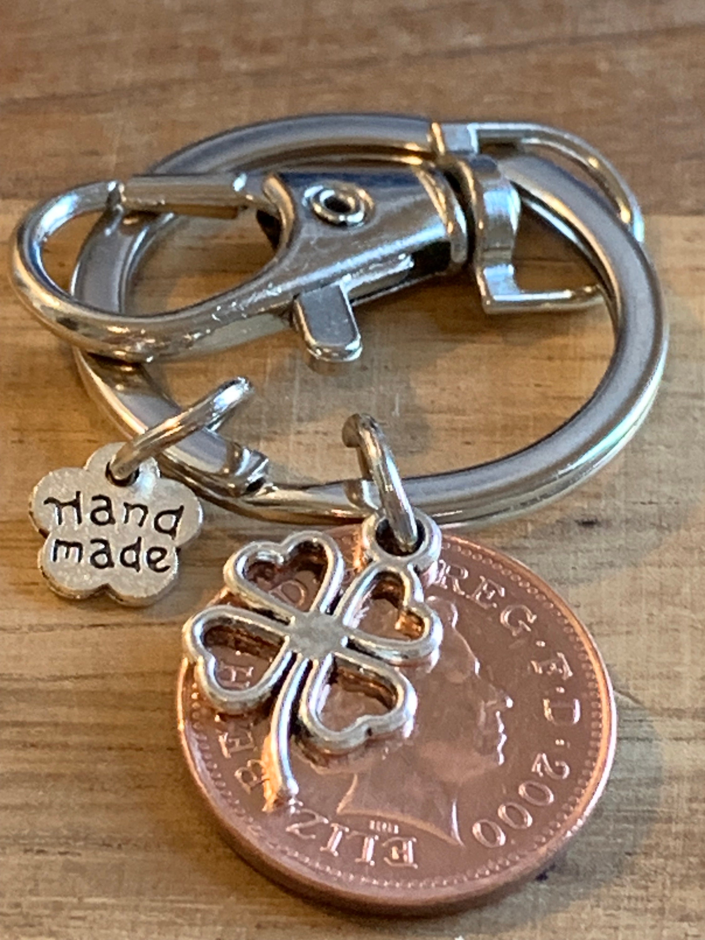 2000 Lucky Penny & Four Leaf Clover Charm Keyring Birthday Gift