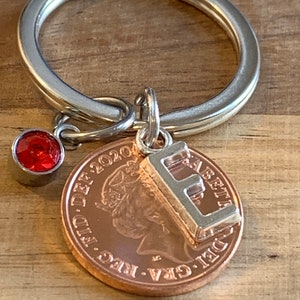 5th Anniversary Gift - Personalised 2020 lucky Penny Coin & Charms On Keyring In Gift Bag Choose Initial and Birthstone