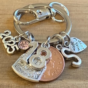 18th Birthday Polished 2007 Coin &  Charms On Keyring In Gift Bag Choose Initial and Birthstone Gift For Daughter Sister Niece Best friend