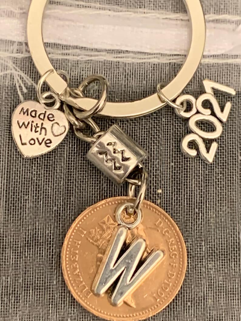 Aquarius Zodiac Star Sign Personalised Initial Letter Lucky Penny Keyring For Him Her In Gift Bag