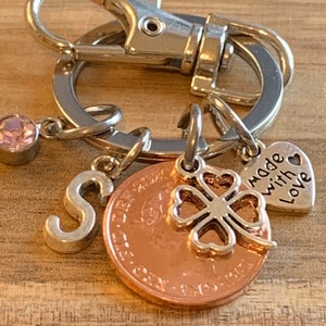 Birthday Gift - Anniversary Gift - Personalised 2020 lucky Penny Coin & Charms On Keyring In Gift Bag Choose Initial and Birthstone