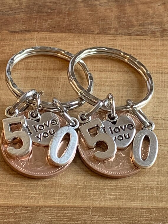 50th Wedding Anniversary Polished 1975 Coin Charms on Keyrings