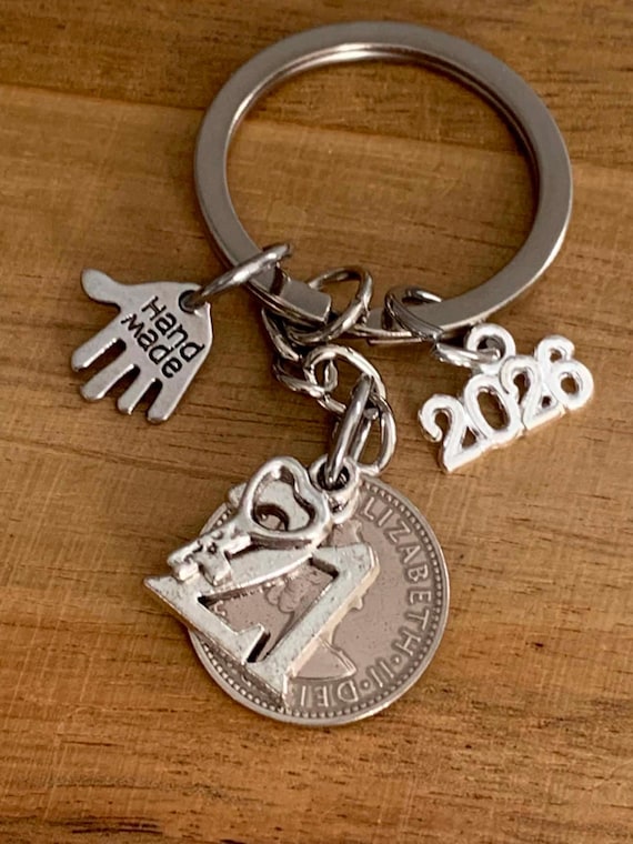21st Birthday Gift for Him or Her | Polished Vintage Silver Lucky Sixpence Coin & Charms On Keyring