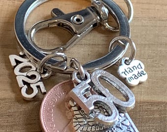 50th Birthday Polished 1975 Coin & Charms On Keyring In Gift Bag Keepsake Gift for Mum Dad Husband Wife Brother Sister Best Friend