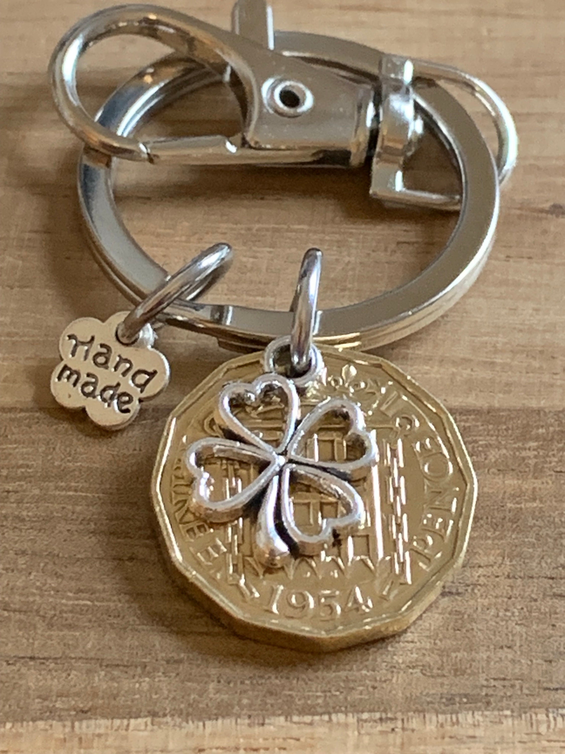 71st Birthday polished 1954 Lucky Coin & Four Leaf Clover Charm Keyring Birthday Or Anniversary Gift For Him Or Her In Gift Bag