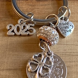 70th Birthday polished 1955 Lucky Sixpence & Four Leaf Clover Charm Keyring Birthday Or Anniversary Gift For Her In Gift Bag