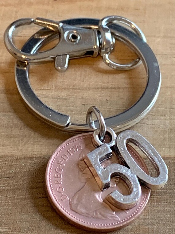 50th Birthday Polished 1975 Coin Charms on Keyring in Gift Bag