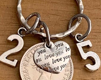 Vintage Lucky Sixpence sleutelhanger – 25e jubileum, verjaardagscadeau voor hem/haar
