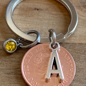 Birthday Gift - Anniversary Gift - Personalised 2015 lucky Penny Coin & Charms On Keyring In Gift Bag Choose Initial and Birthstone