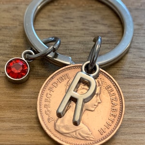 54th Birthday or Anniversary Personalised Gift Polished 1971 Coin & Charms On Keyring In Gift Bag Choose Initial and Birthstone