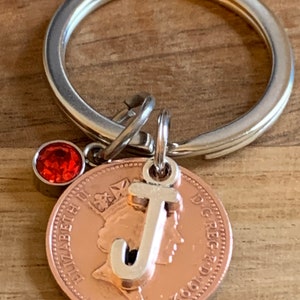 Birthday Gift - Anniversary Gift - Personalised 1992 lucky Penny Coin & Charms On Keyring In Gift Bag Choose Initial and Birthstone
