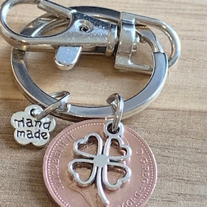 1990 Lucky penny Coin & Four Leaf Clover Charm Keyring Birthday Gift For Him Or Her In Gift Bag