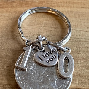 Cadeau 10e huwelijksverjaardag sleutelhanger 2015 munt en bedels in cadeauzakje