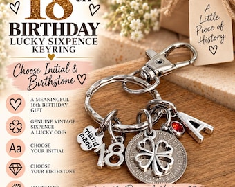 Personalised 18th Birthday Gift – Lucky Sixpence Keyring – Choose Initial & Birthstone – Unique Keepsake Gift For Her