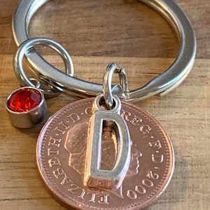 Birthday Gift - Anniversary Gift - Personalised 2000 lucky Penny Coin & Charms On Keyring In Gift Bag Choose Initial and Birthstone