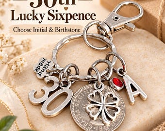 30th Birthday Birthstone Gift Polished Lucky Sixpence Coin and Charms Keyring In Gift Bag Choose Initial & Birthstone