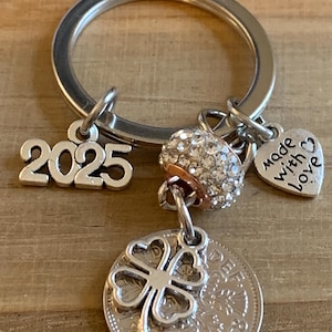 67th Birthday polished 1958 Lucky Sixpence & Four Leaf Clover Charm Keyring Birthday Or Anniversary Gift For Her In Gift Bag